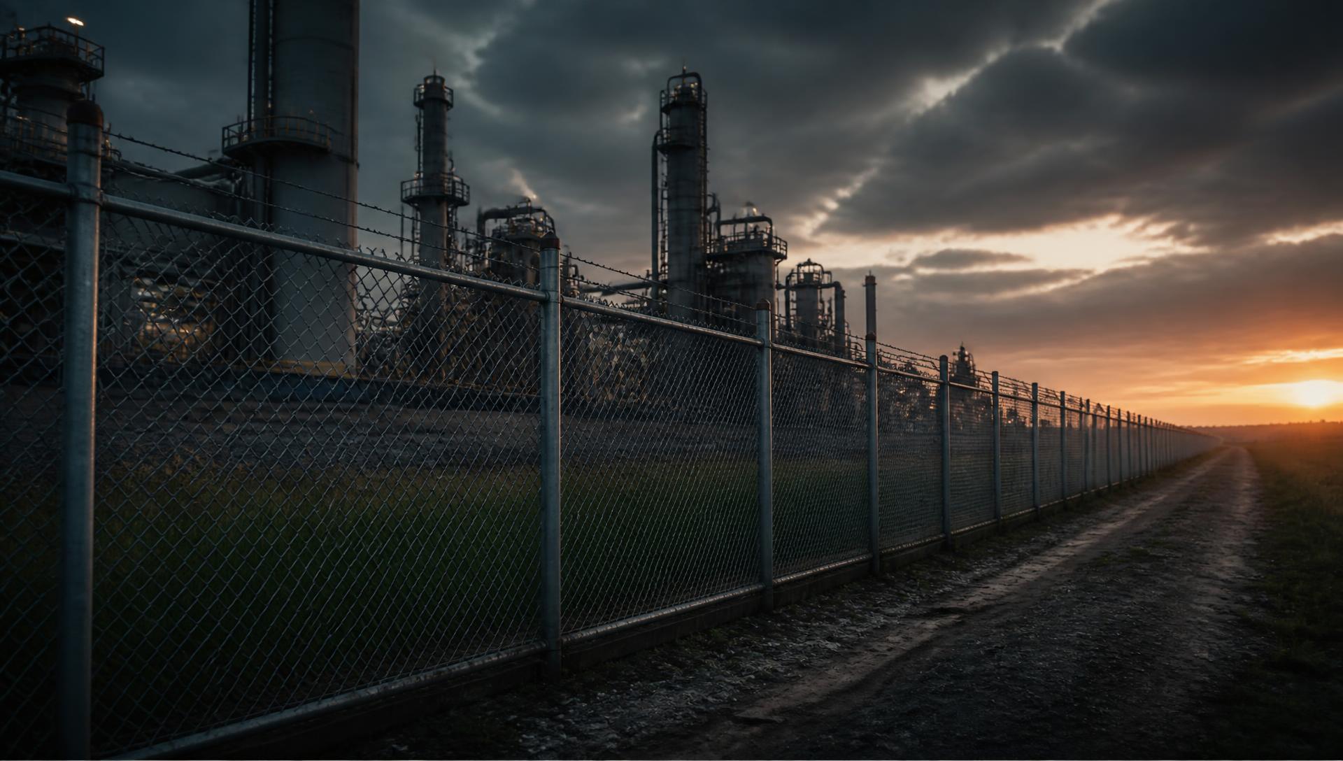 Galvanised chain link fencing around an industrial facility